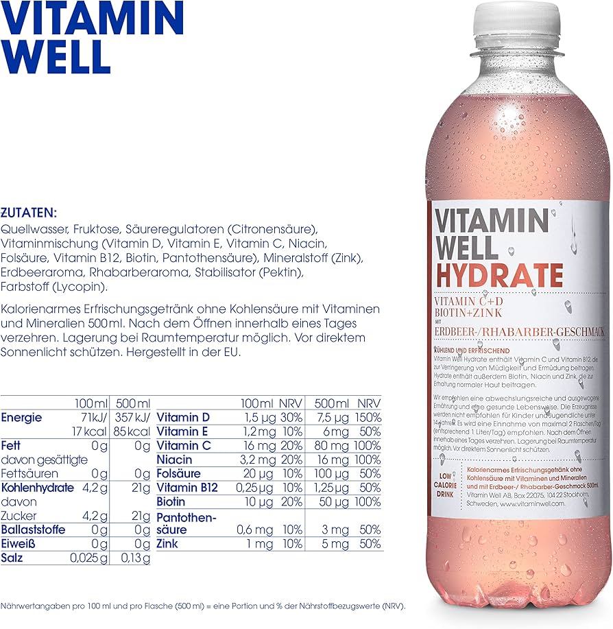 Vitamin Well Hydrate Erdbeer-Rhabarber 12 x 0,5 l (DPG)
